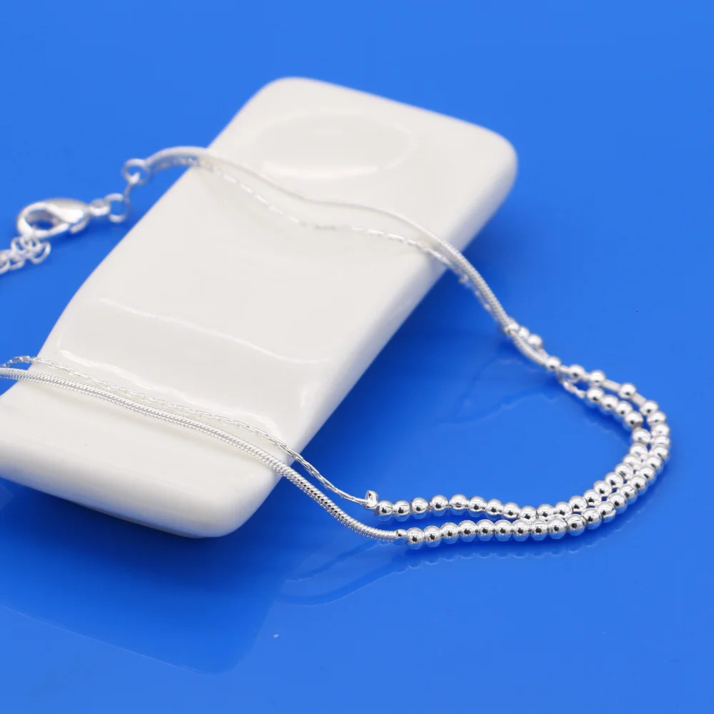 Womens summer 925 silver double bead ankle bracelet beach party jewelry sandals ankle bracelet silver bracelet girls birthday gift Tornozeleira 241107