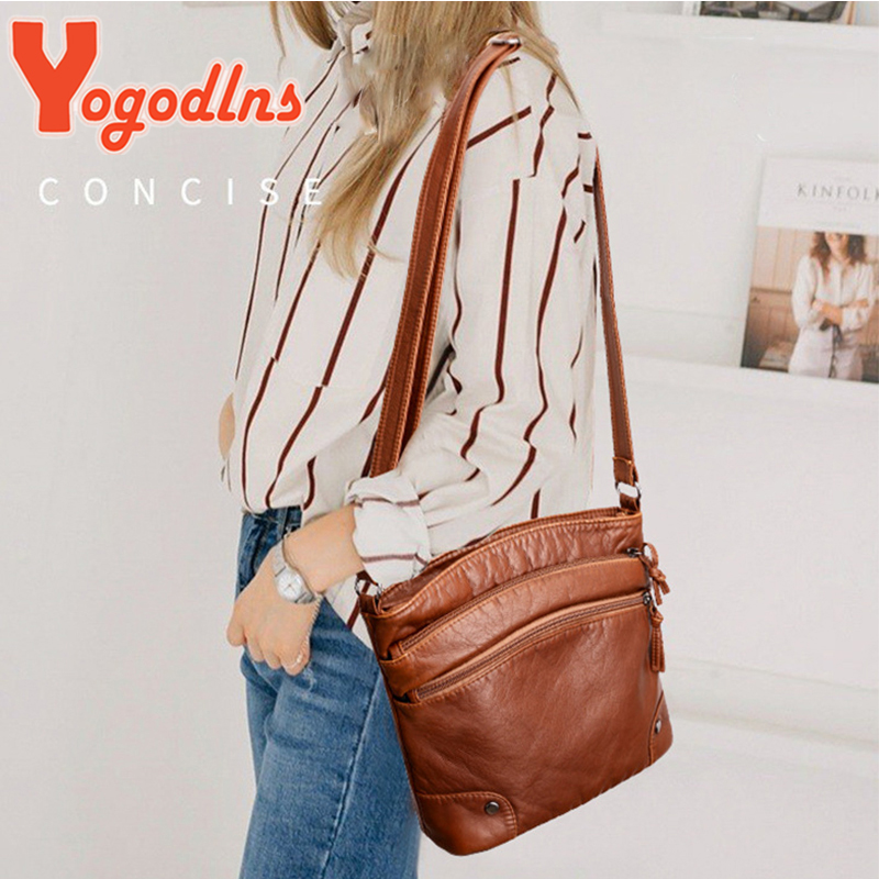 Yogodlns Soft PU Leather Shoulder Bag Women Retro Messenger Bag Double Zipper Female Crossbody Bag Big Capacity Daily Handbag