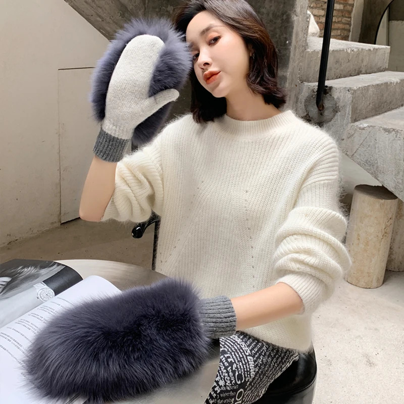 Winter Warm True Fox Fur Covered Gloves for Womens Fashion True Fox Fur Gloves for Outdoor Russian Thick Gloves for Womens Warmth 241106