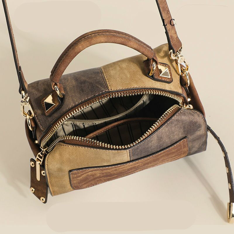 AIOSC Premium Splicing Denim Handbag Bag Cow Winter And Spring New Item Niche Design Pillow Vintage Yellow Jean BagVoyage