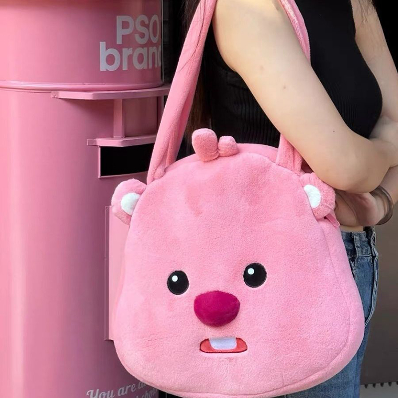 Kawaii Loopy Plush Shoulder Bags Cartoon Pink Beaver Large Capacity Bag Cute Anime Tote Handbags Bag Birthday Gifts Women Girls