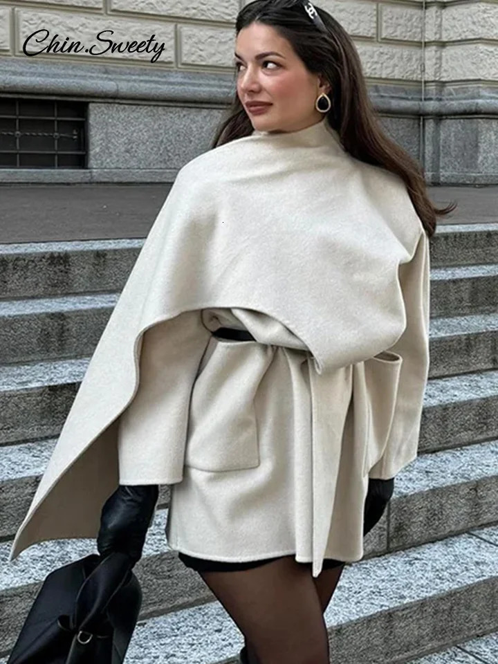 Winter Woolen Womens Scarf Collar Coat Solid Pockets Long Sleeve Loose Midi Overcoats Autumn Winter Lady Fashion Outwear 241107
