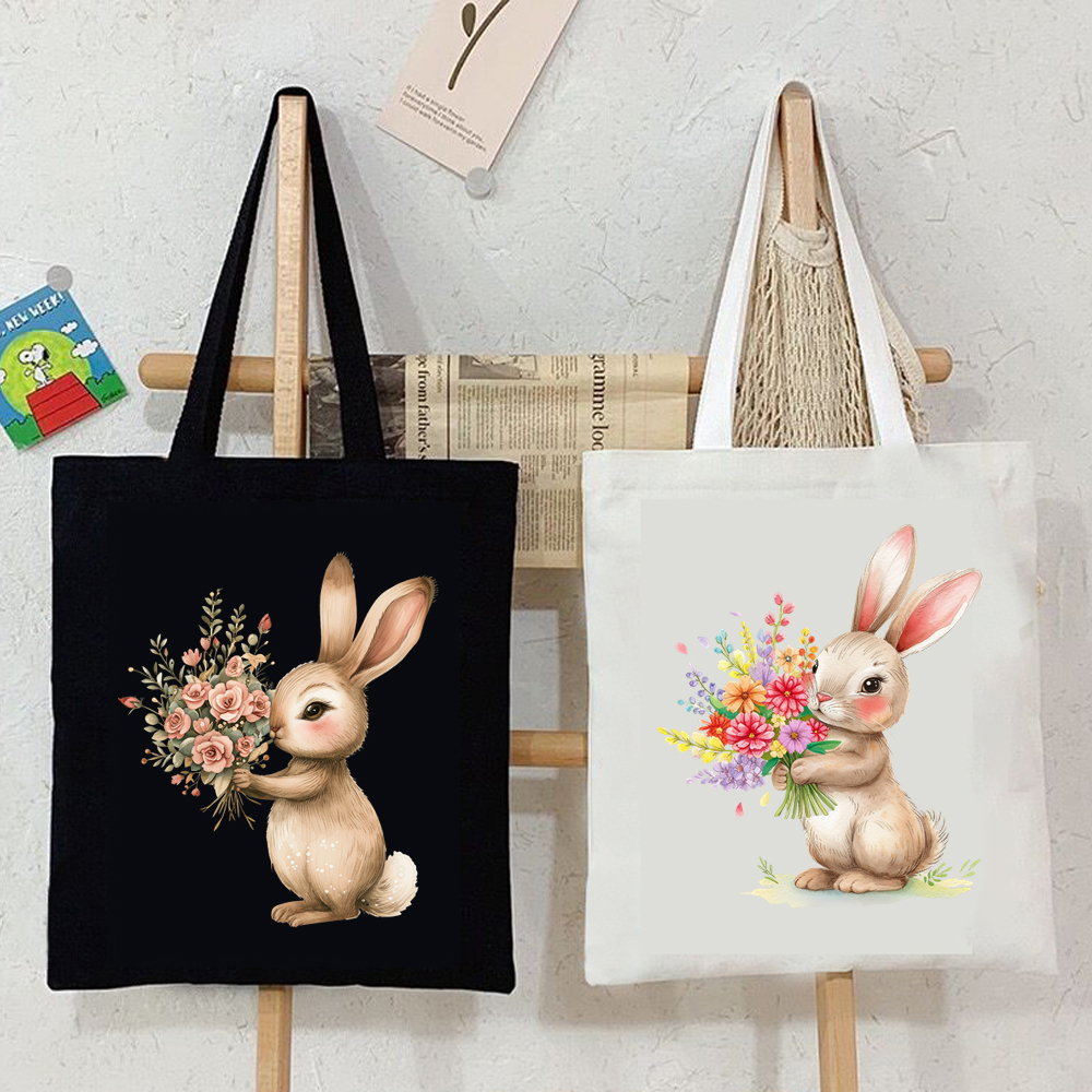 Bunny Handbag Women Watercolor Art Design Shoulder Bag Lady Casual Outdoor Beach Shopping Commuter Bag Floral Rabbit Tote Bag