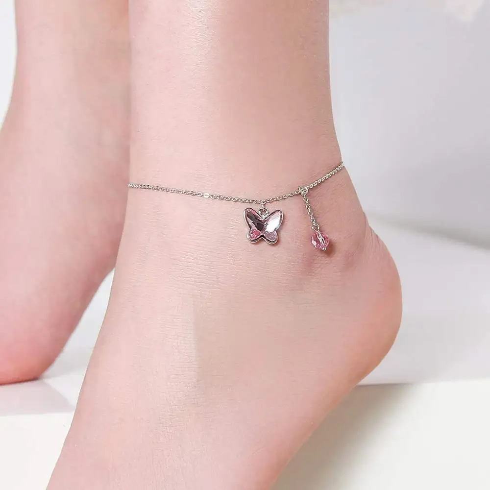 Cute silver foot jewelry ankle simple bead butterfly bracelet from Austria womens ankle primitive crystal 241107