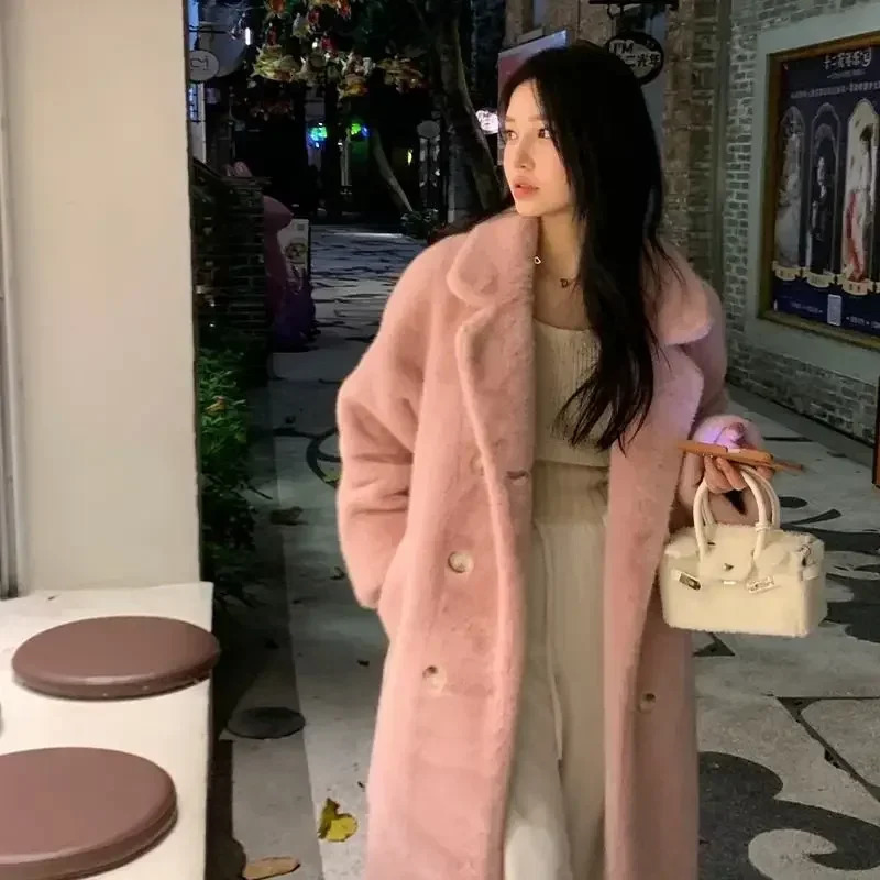 Winter womens faux fur coat pink and black faux mink jacket thick collar warm and fashionable long coat N1020-1 241107