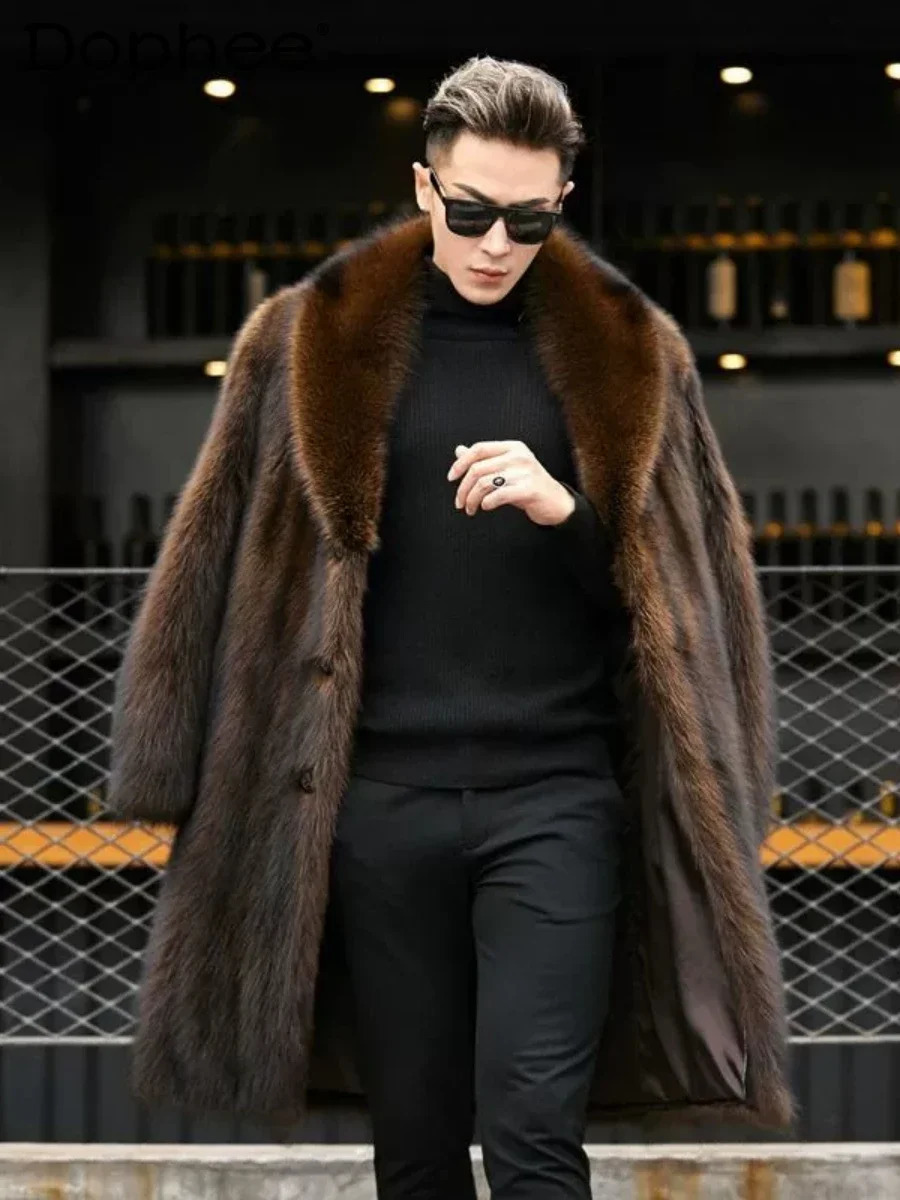 mens mid to long full mink coat large long sleeved mens thick raccoon fur coat mink jacket for autumn and winter 241107