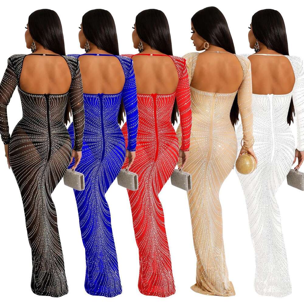 Fashion Women's Hot Diamond Mesh Perspective Sleeve Long Dress F4798 dongdumaoyi