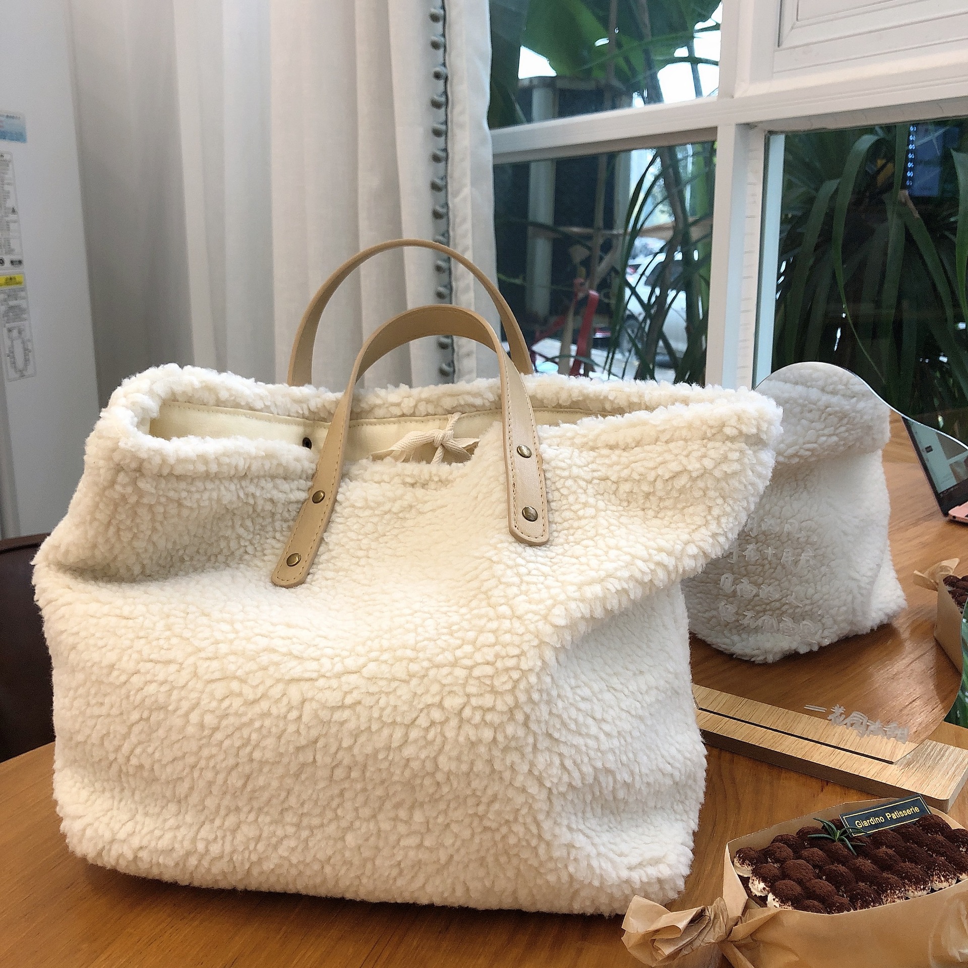 Apricot Lamb Wool Bag Handbag Women's Bag Shoulder Bag Reusable Shopping Bags Casual Tote Female Warm Cream Rice Handbag