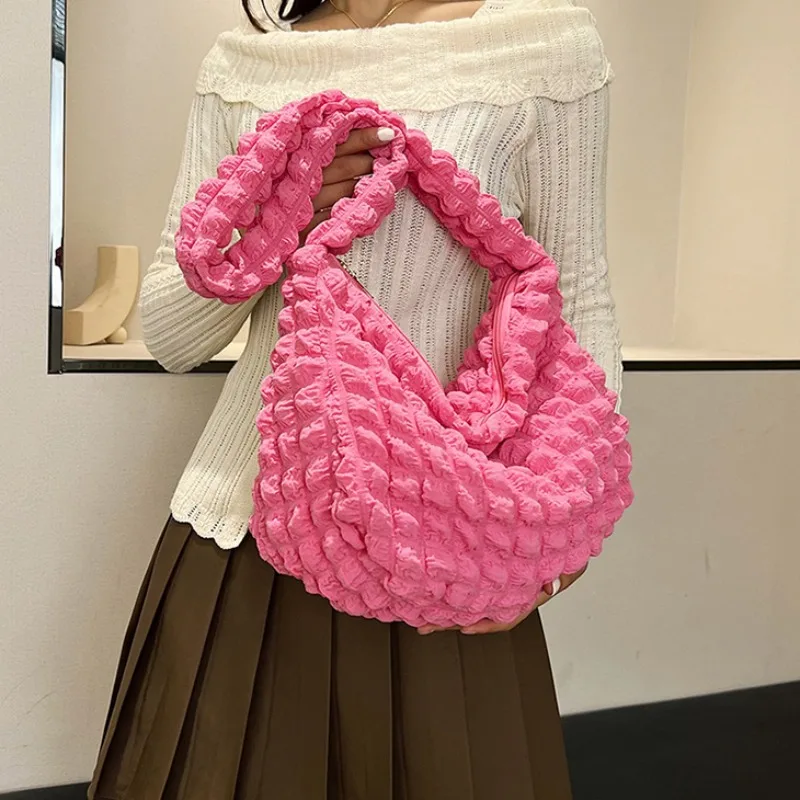 Crossbody Bag With Pleated Design Embroidered Plaid Shoulder Bag Underarm Bags Simple Large Capacity Quilted Tote Bags For Women