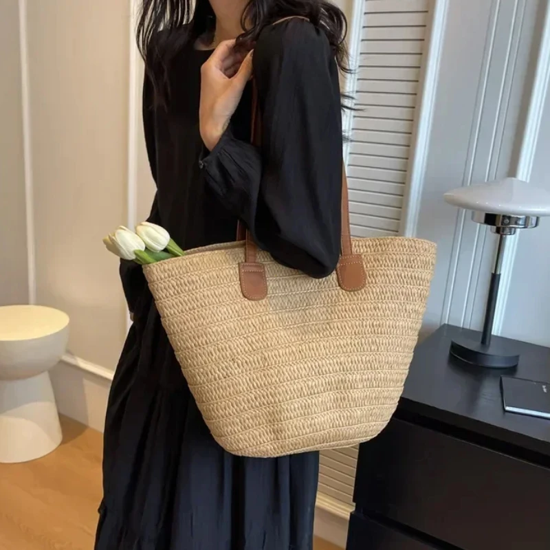 Women Braided Basket Clutches Top-handle Bag Large Straw Portable Shoulder Bag Summer Beach Party Purses Shopper Satchel Female