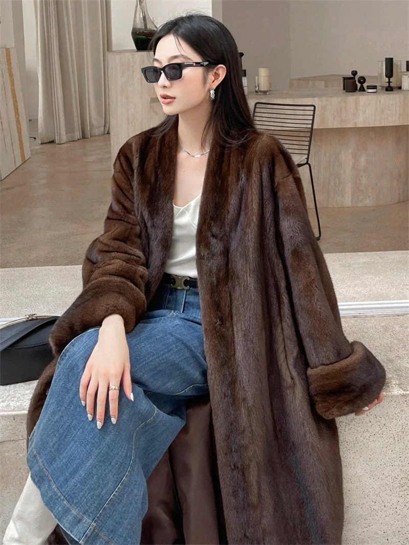 Womens winter jacket V-neck loose and fashionable warm mink fur womens jacket casual long style park brown 241107
