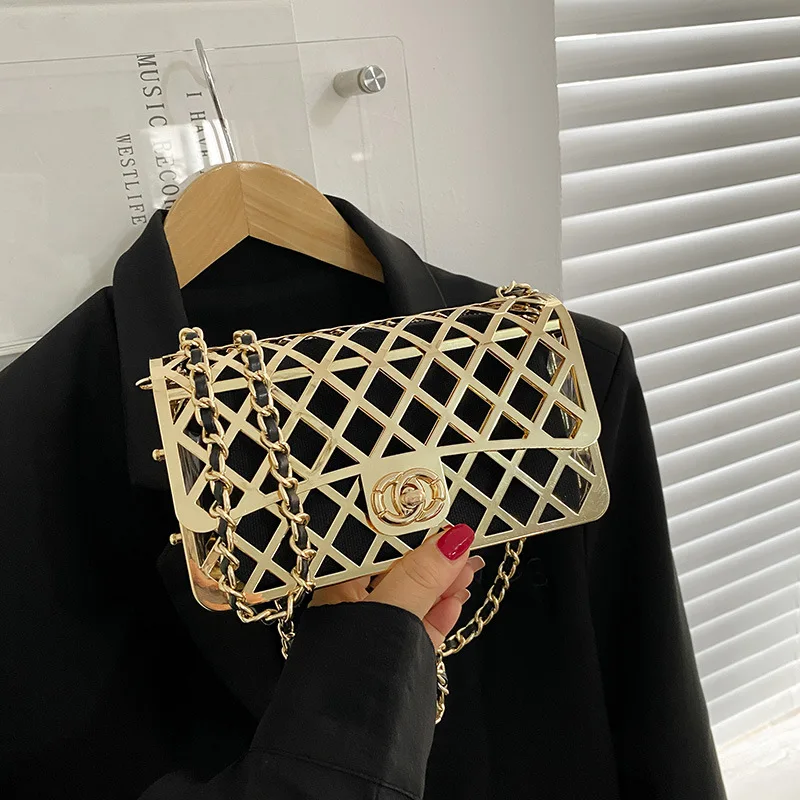 Ins Fashion Hollow Metal Shoulder Bags for Women Luxury Designer Square Crossbody Bag Female Cloud Bags Ladies Chain Handbags