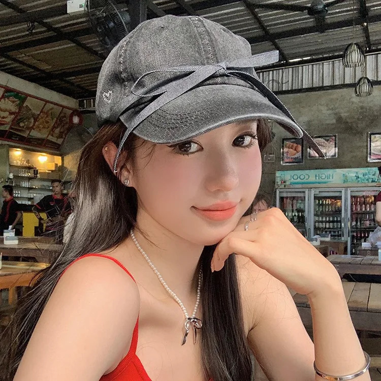 Korean denim bow knot baseball cap womens casual beach UV sunscreen cap Japanese Y2k fashionable denim baseball cap 241107