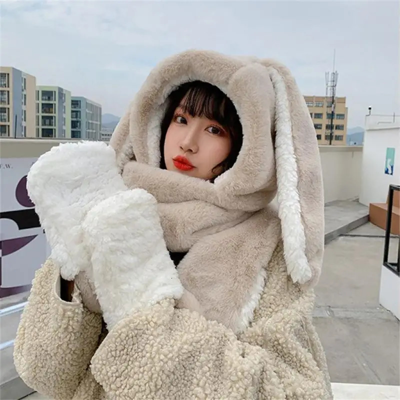 Fashion Scarf Hat Glove Set for Winter Women Novel and Cute Plush Big Ears Rabbit Beanie Warm Bear Ear Hat Thick Pocket Hat 241107
