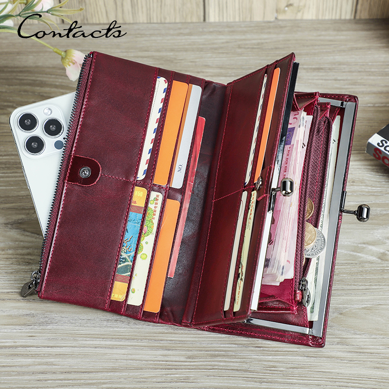 CONTACT'S Genuine Leather Wallets for Women Metal Frame RFID Card Holder Coin Purses Female Bag Luxury Designer Women's Purses