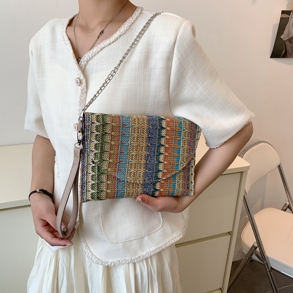 Boho Straw Clutch Purse Chain Colorful Striped Summer Beach Handbag Woven Envelope Wallet Wristlet Handbag for Women