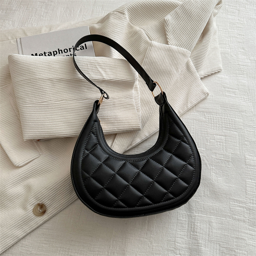 Fashion Plaid Crescent Shoulder Bag Trendy Clutch Purse PU Leather Shoulder Purse Solid Color Small Hobo Bag for Women