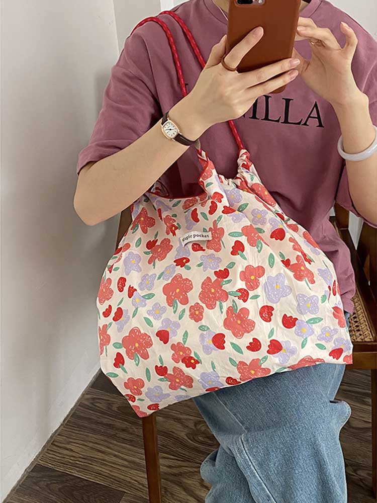 Hylhexyr Ins Small Floral Canvas Shoulder Bag Large Capacity Casual Tote Shopping Bags For Women