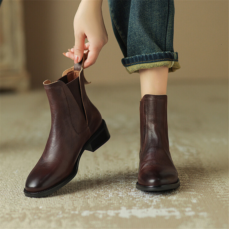 Genuine Leather Short Autumn/Winter Shoes Round Toe Chunky Heel For Women Fashion Retro Ankle Boots Handmade