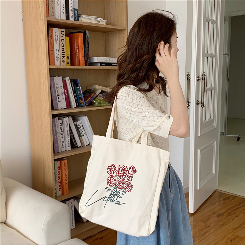 Women Canvas Bag Embroidery Rose Tote Cotton Cloth Fabric Handbag Vintage Large Capacity Shoulder Bag Shopping Bags For Girls