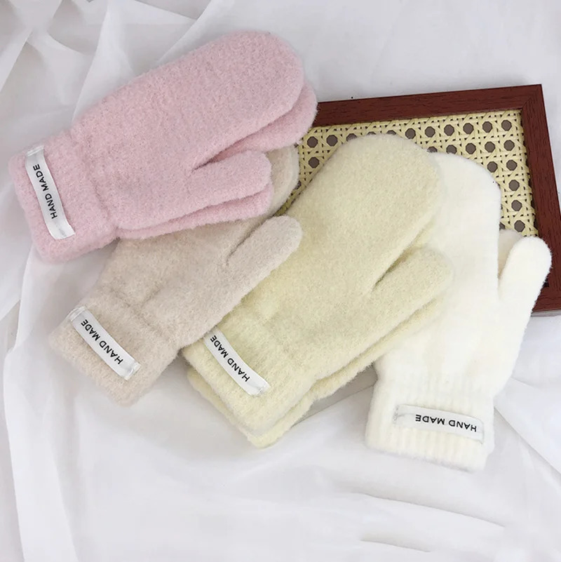 Korean solid color mens wool knitted gloves womens winter warm outdoor cycling full finger cold proof driving gloves S160 241107