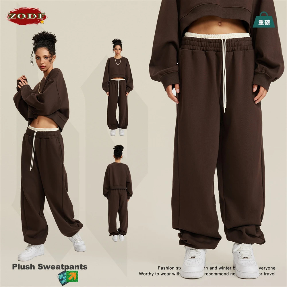 ZODF Autumn Winter Men 440gsm Sweatpants Unisex High Street Retro Double Waist Band Heavy Weight Loose Pants HY0619 241104