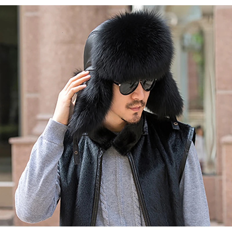 Winter Mens 100% Real Silver Fox Fur Bomber Hat Raccoon Fur Usanka Hat Catcher Russian Mens Ski Hat Real Leather 241106