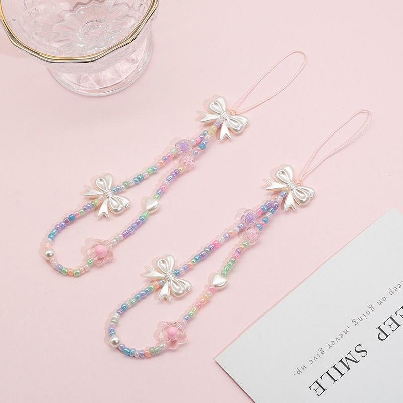 1Pcs Colored Baded Chain Bow Mobile Phone Chain Women Girls Beaded Telephone Lanyard For Anti-Loss Cellphone Jewelry