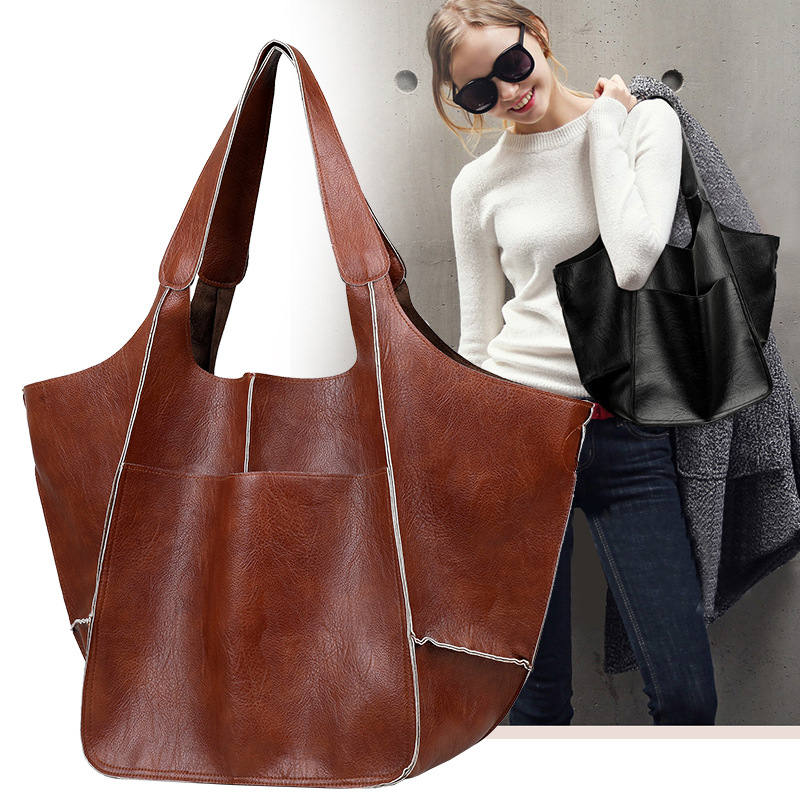 Casual Soft Large Capacity Tote Bag Women Handbags Designer Look Luxury Pu Leather Shoulder Bag Retro Big Shopper Purses