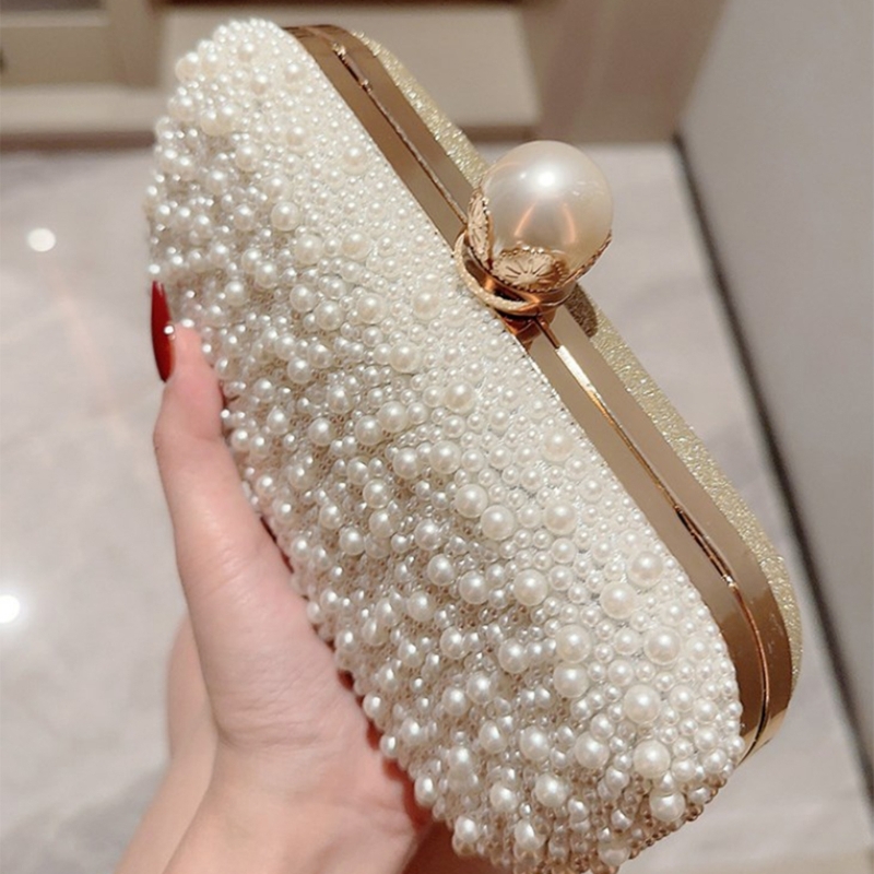 Women Elegant Beaded Pearl Handbag Bridal Wedding Party Clutch Prom Evening Bag with Detachable Chain Crossbody Shoulder Bag