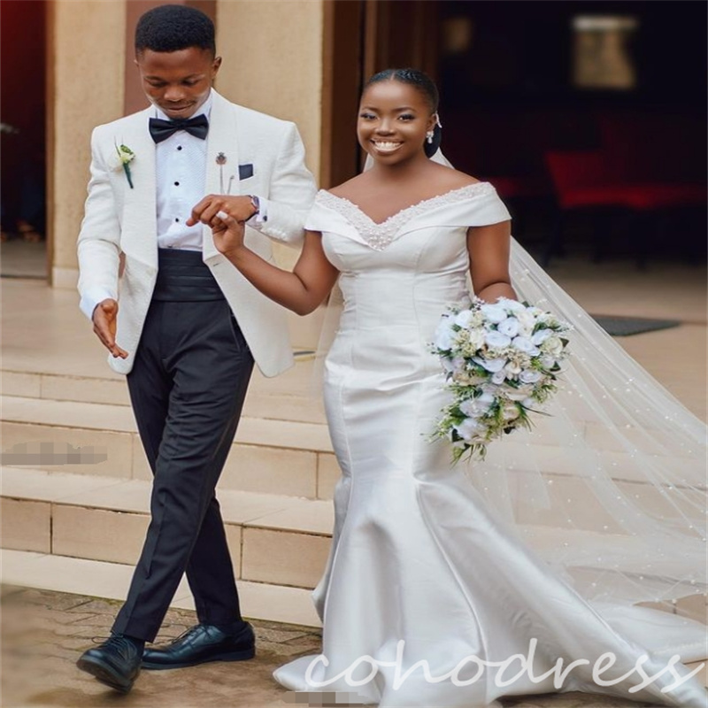 Off Shoulders African Wedding Dresses Plus Size Mermaid Pearls Garden Bridal Gowns Soft Satin Country Bride Dress Sweep Train Robe De Mariee gelinlik