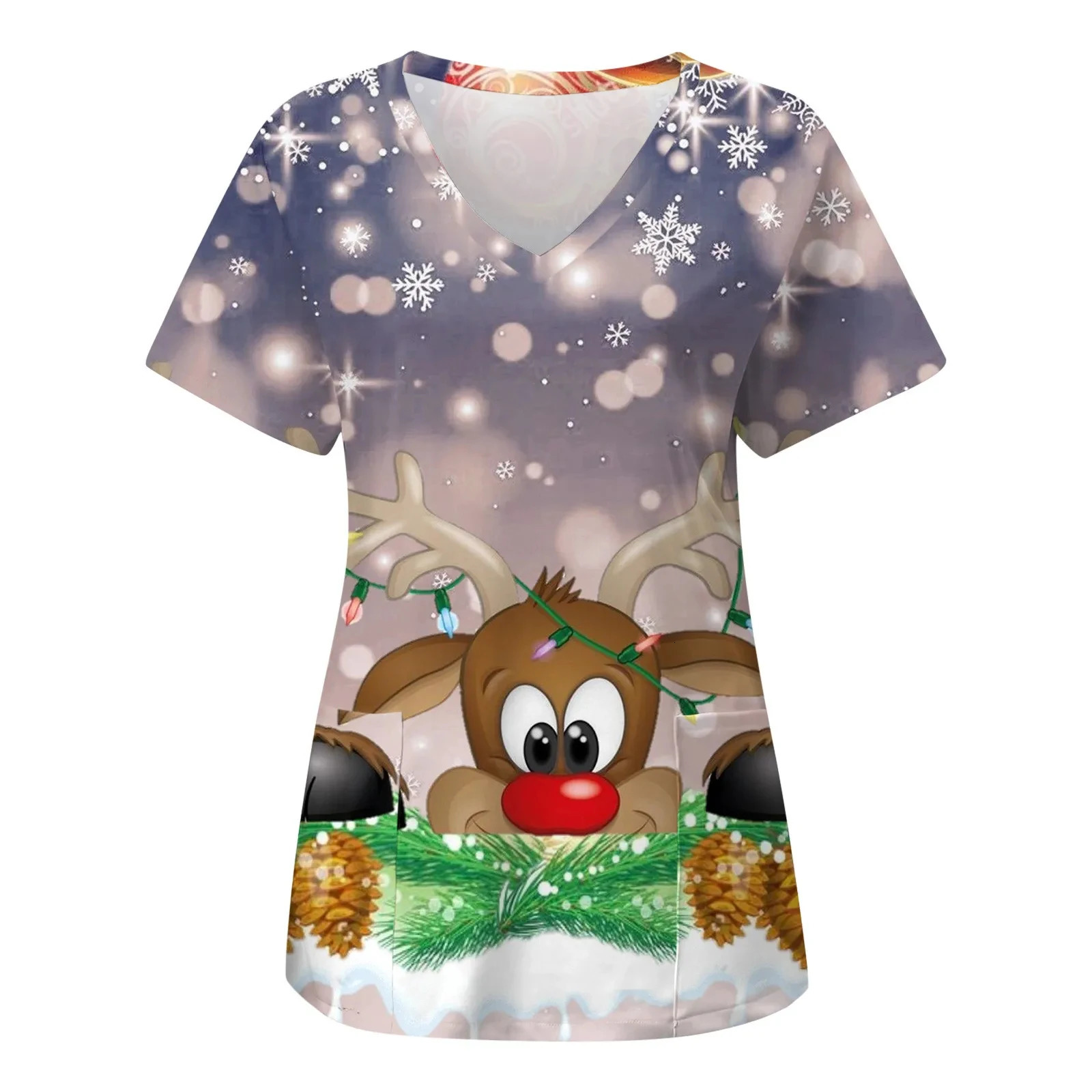 Christmas Clinical Uniform Woman Santa Claus Cartoon Print Dental Scrub Tops VNeck Short Sleeve with Pocket Nurse 241029