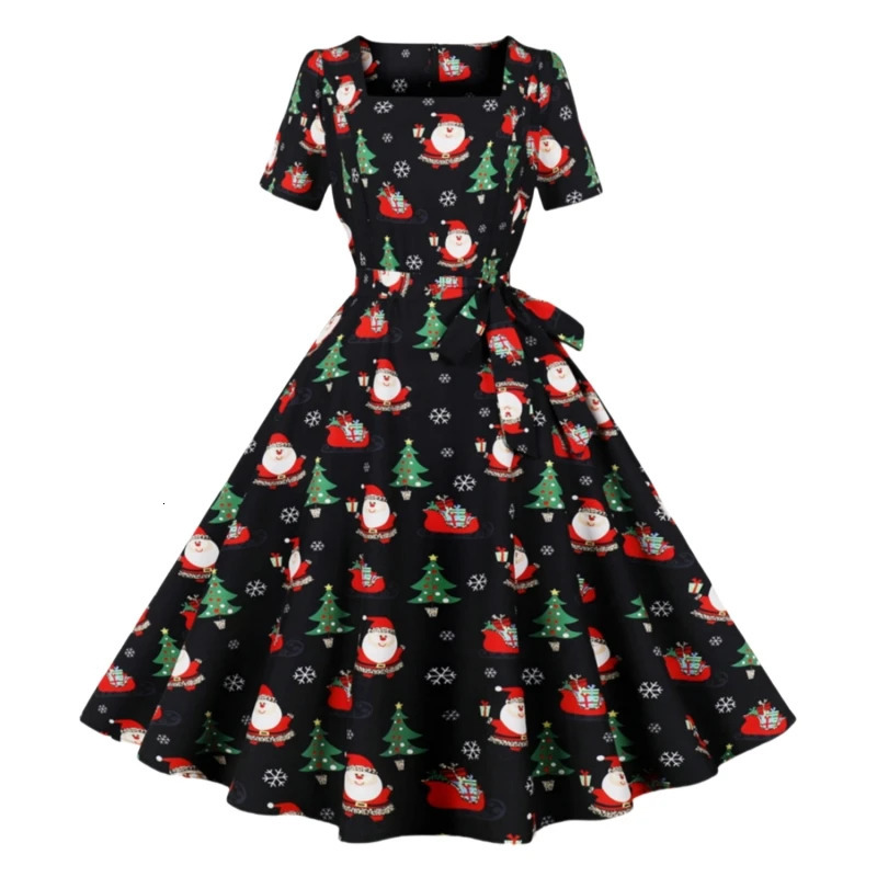 Christmas print square neck short sleeved slimming party casual and elegant knee length dress womens carnival 241107