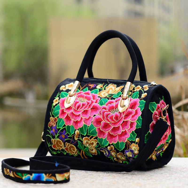 Veowalk Bohemian Women Floral Embroidered Canvas Handbag Vintage Ladies Casual Ethic Boho Shopping Zipper Shoulder Travel Bag