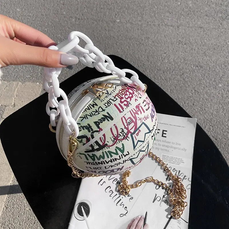 Personalized Graffiti Round Womens Ball Bag PU Leather Cross Acrylic Chain Handbag and Wallet Womens Bag 241106