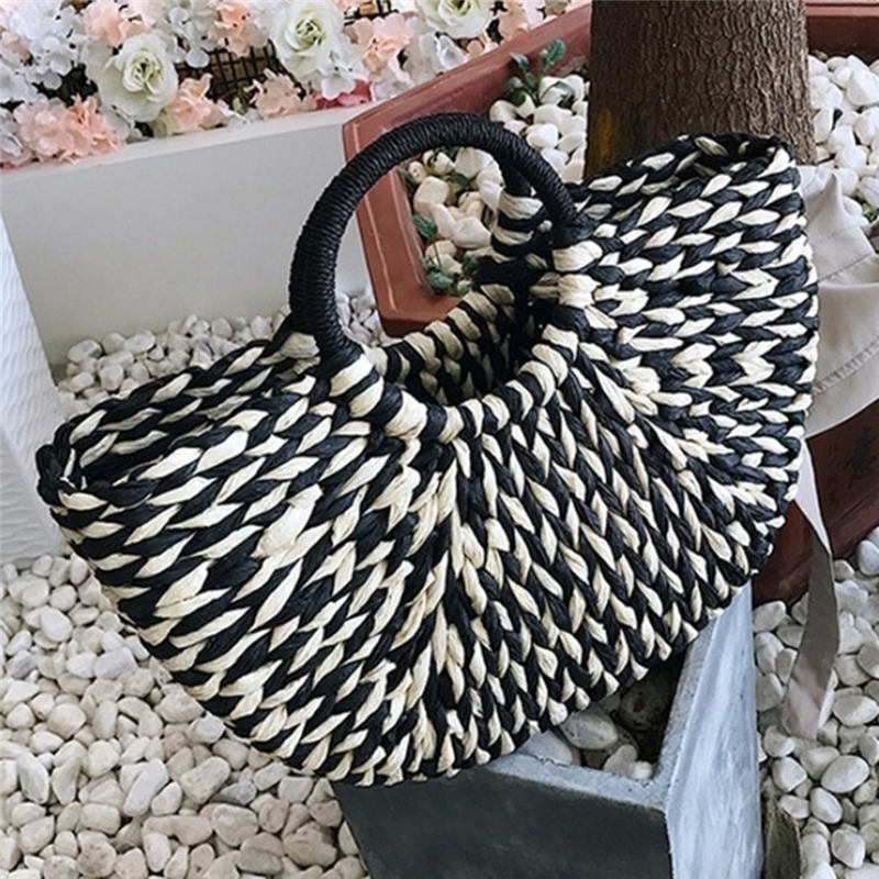 Newly Summer Handmade Bags for Women Beach Weaving Straw Bag Wrapped Beach Bag Moon Shaped Top Handle Handbags Totes Femme