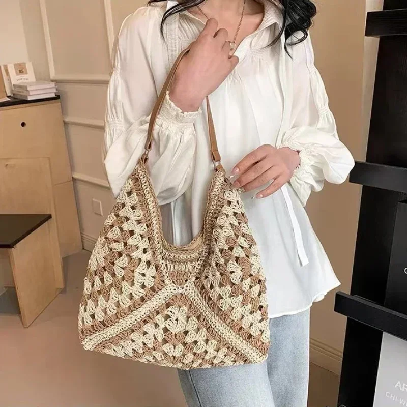 Women Weaving Clutches Top-handle Bag Large Portable Shoulder Bag Summer Beach Purses Shopper Satchel Female Tote Bags Handbags
