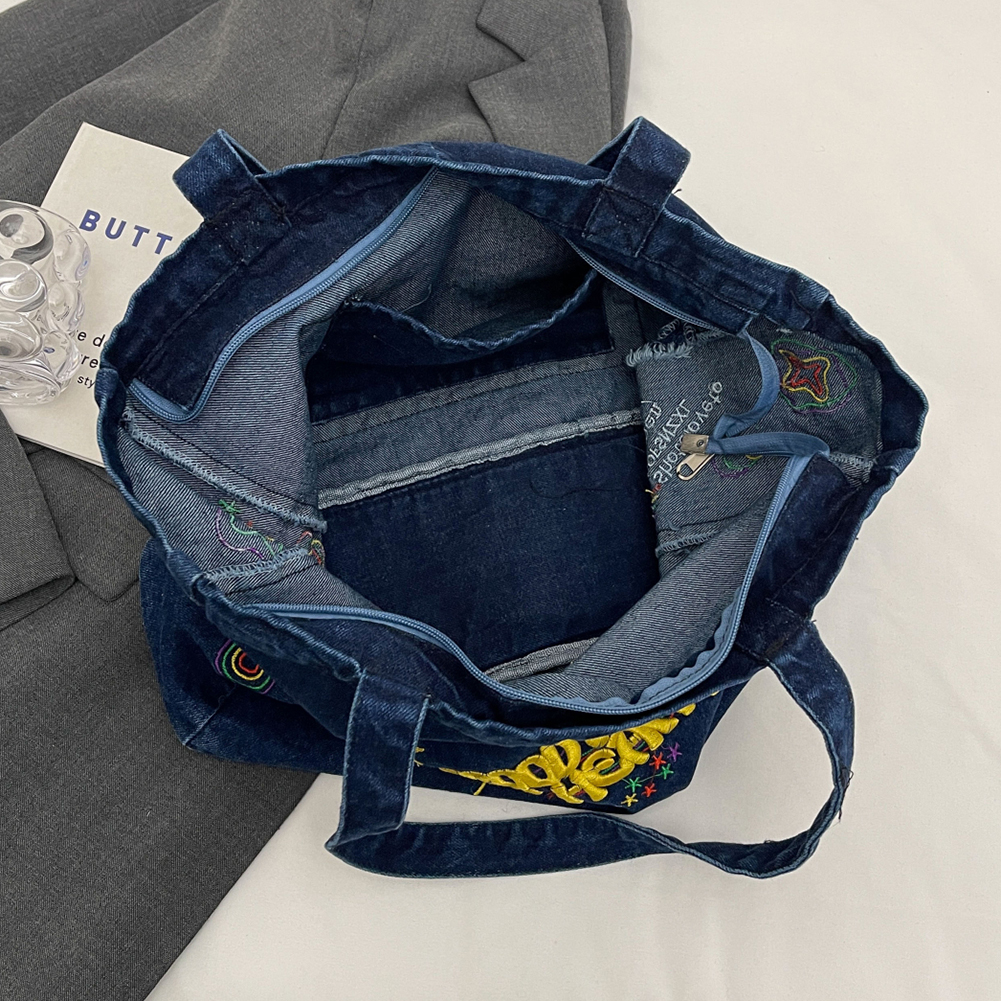 Denim Shoulder Bag Large Capacity Embroidered Tote Bag Retro Fashion Handbag Aesthetic Hobo Bag for Women and Girls