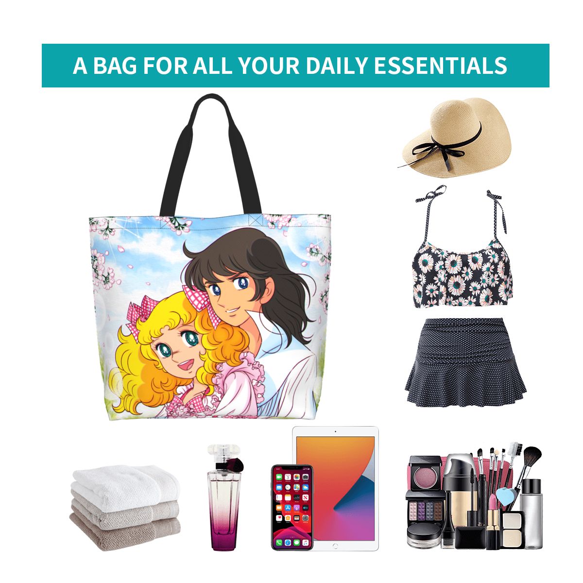 Cute Candy Candy Shopping Tote Bag Reusable Anime Manga Cartoon Girl Canvas Grocery Shoulder Shopper Bag