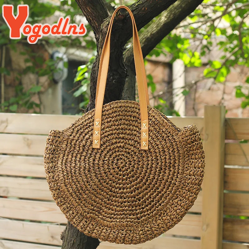 Yogodlns Women Large Capacity Round Straw Shoulder Bag Fashion Tassel Beach Handmade Weave Handbag Summer