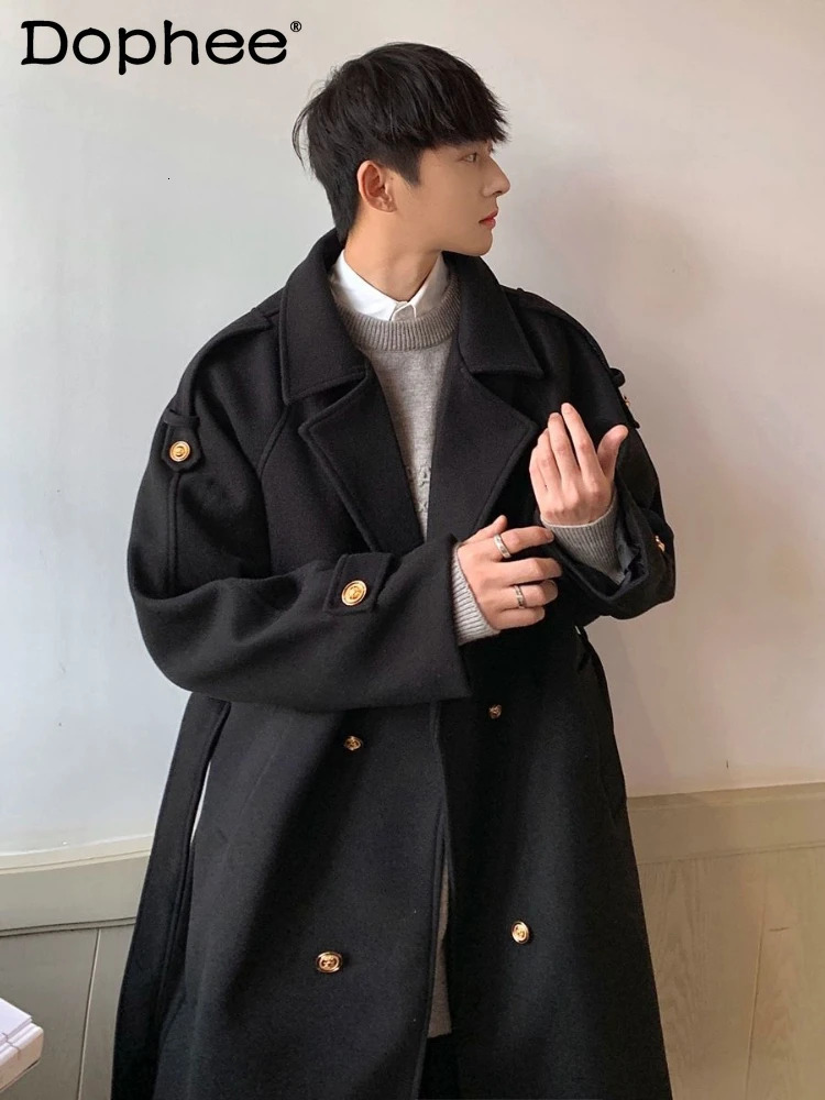 Fashionable trench coat mens winter blended American mid length coat high-end handsome solid color long sleeved wool coat 241107
