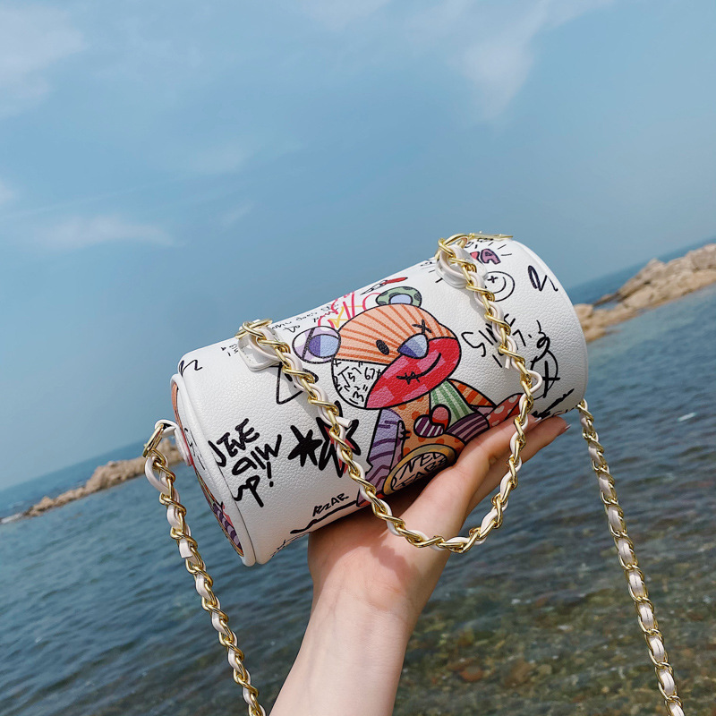 2021 Summer New Kawaii Cute Shoulder Bag Female Bear Graffiti Underarm Cylinder Bag Female Chain Shoulder Messenger Bag