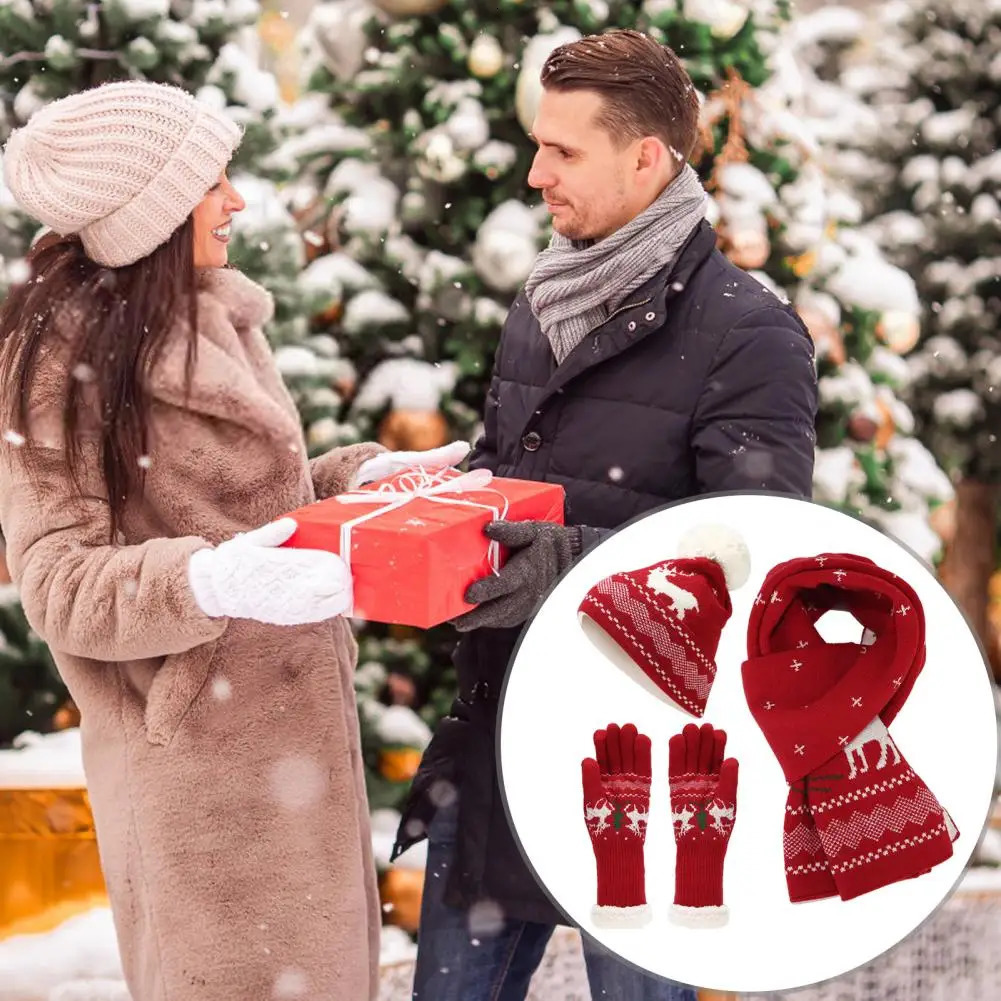 3 pieces/set of unisex Christmas hats scarves gloves set of reindeer tree patterned hats gloves neck packaging set elastic touch screen for cold weath