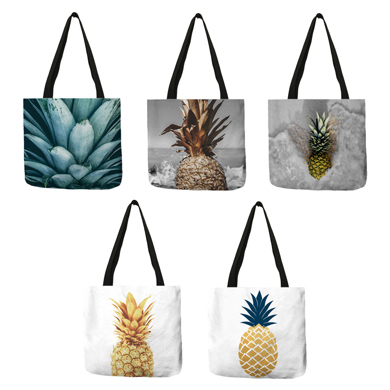 Personalized Pineapple Pattern Tote Bags For Women Eco Linen Reusable Shopping Bags Travel Beach Bag