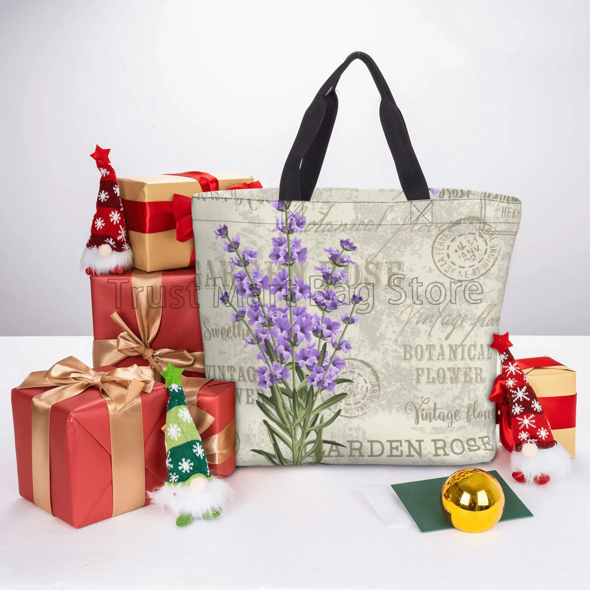 Vintage Lavender Flower Stamp Canvas Tote Bag Large Women Casual Shoulder Bag Handbag Reusable Multipurpose Shopping Grocery Bag