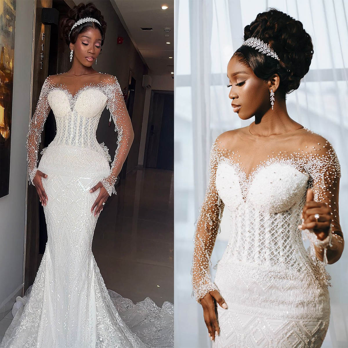 Elegant Wedding Dress Beading Rhinestone Bridal Gowns Detachable Train Long Sleeves Princess Bride Dress Plus Size Custom Made Vestidos De Novia
