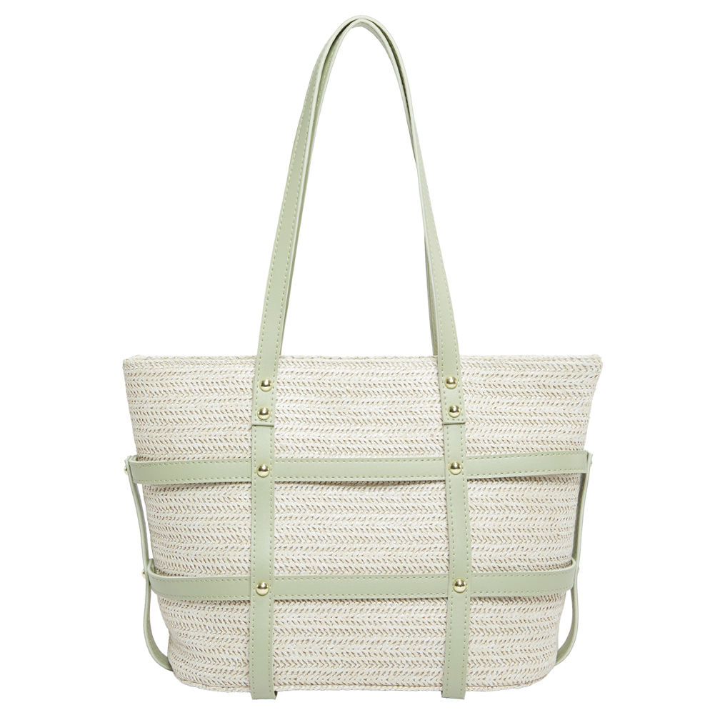 Women Straw Tote Handbag PU Patchwork Weaving Travel Bag Large Capacity Minimalist Tote Bag Ladies Summer Daily Bag