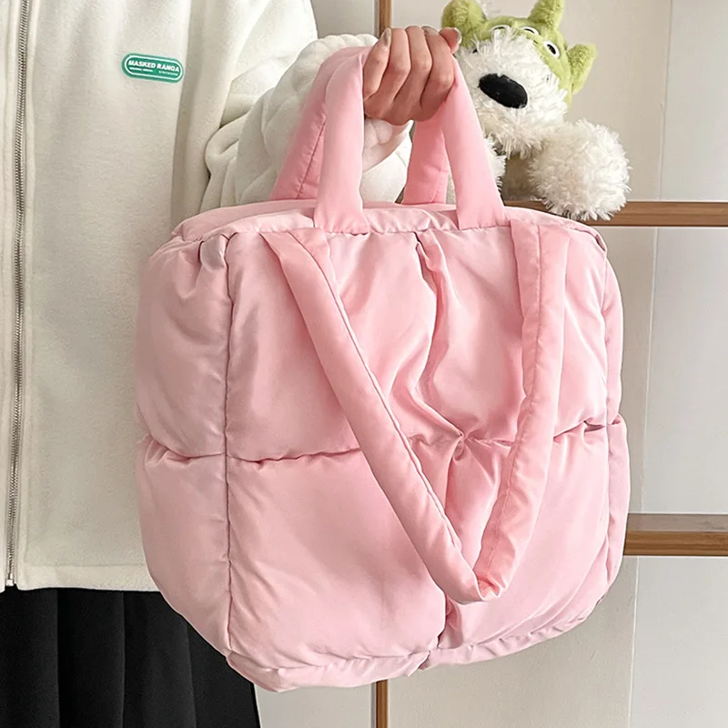 Women Retro Checkered Quilted Shoulder Bag Solid Color Soft Handbags Soft Tote Pink Sapce Padded Underarm Bag