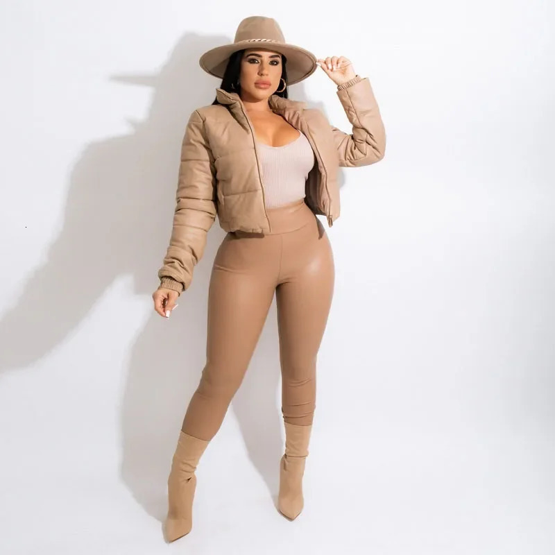 Cute winter womens shiny PU leather inflatable jacket high waisted ultra-thin bubble jacket zipper fluffy short sleeved jacket Parkas Down 241107