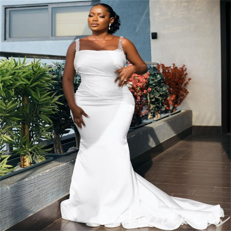 African Mermaid Wedding Dresses With Detachable Train Plus Size Beaded 2 in 1 Country Bridal Gowns Satin Nigerian Vestio De Novias Elegant Robe De Mar